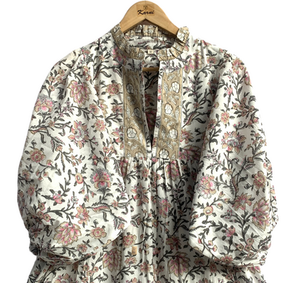Ivory Pink Floral Hand Block Printed Cotton Midi Dress – Puff Sleeve Boho Indian Dress