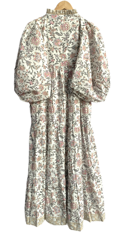 Ivory Pink Floral Hand Block Printed Cotton Midi Dress – Puff Sleeve Boho Indian Dress