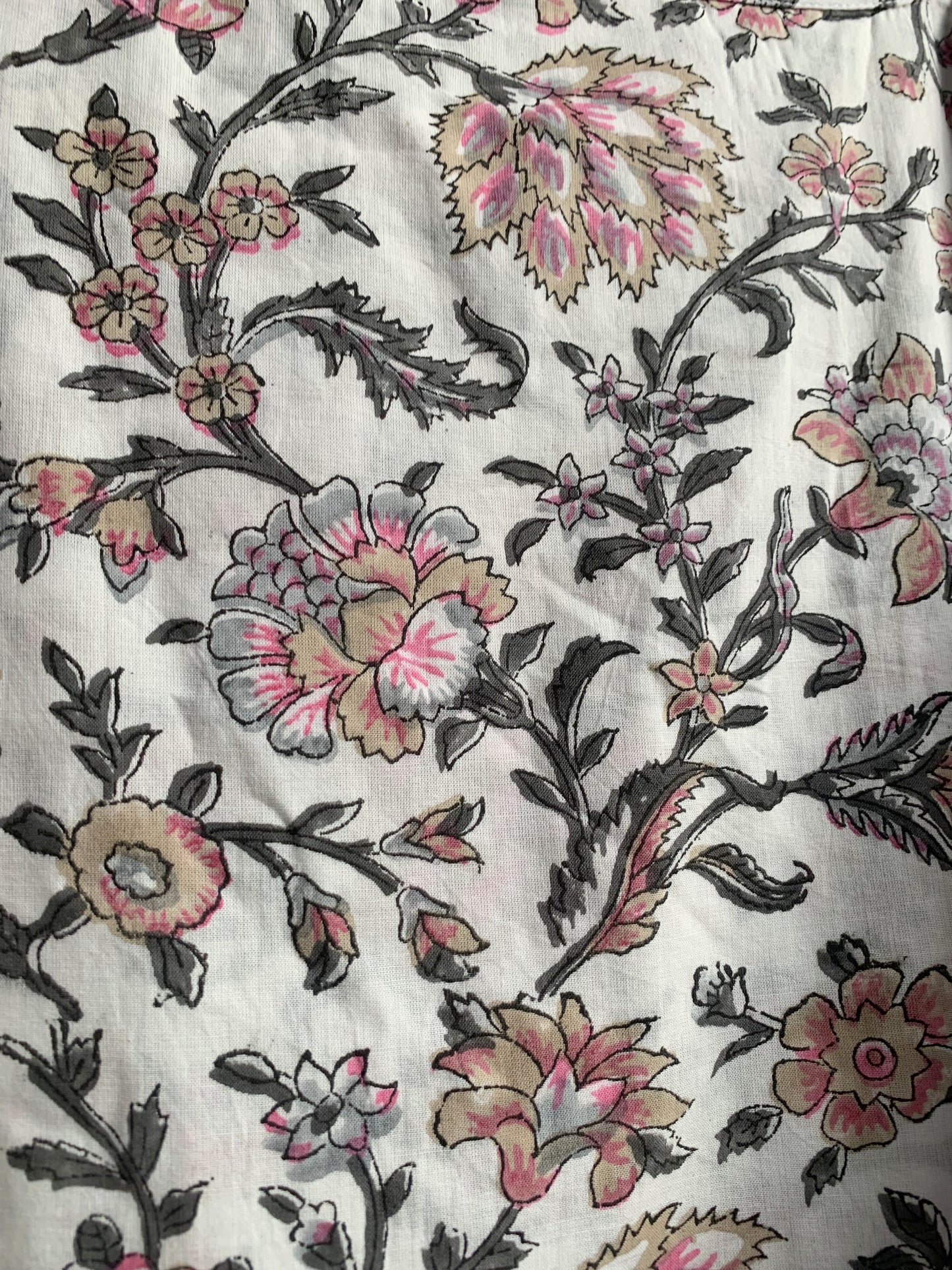 Ivory Pink Floral Hand Block Printed Cotton Midi Dress – Puff Sleeve Boho Indian Dress