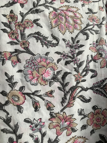 Ivory Pink Floral Hand Block Printed Cotton Midi Dress – Puff Sleeve Boho Indian Dress