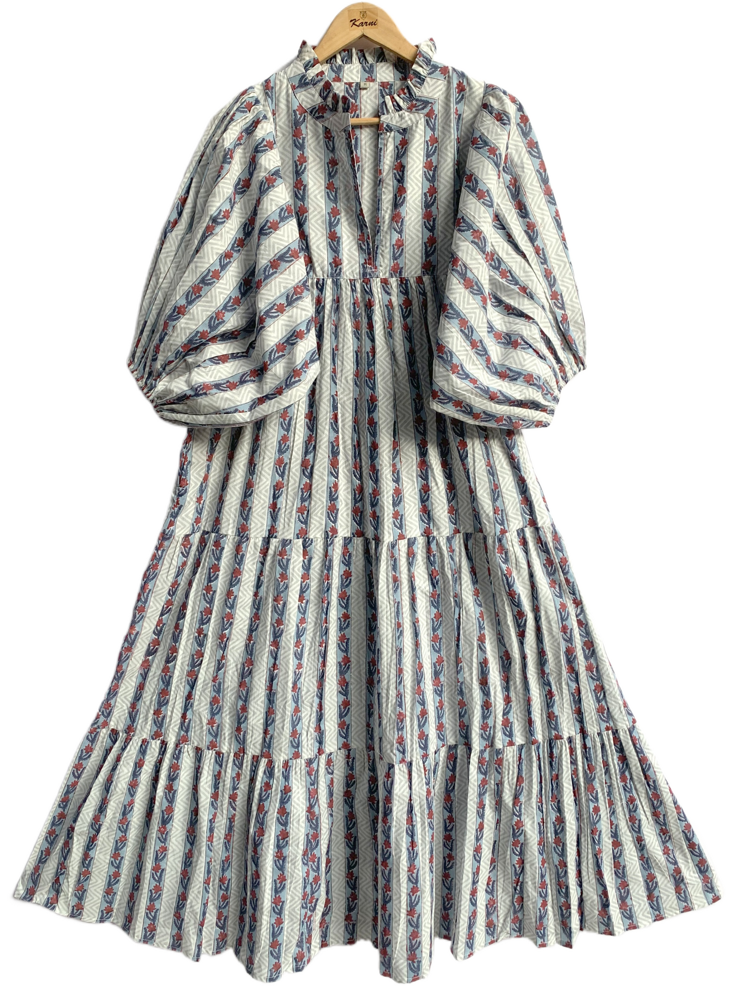 Blue Red Striped Hand Block Printed Cotton Midi Dress – Puff Sleeve Boho Indian Dress