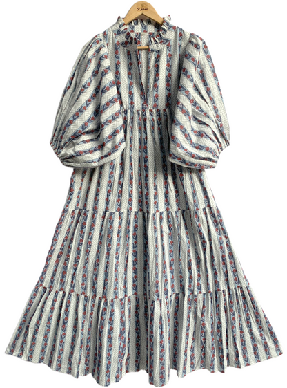 Blue Red Striped Hand Block Printed Cotton Midi Dress – Puff Sleeve Boho Indian Dress