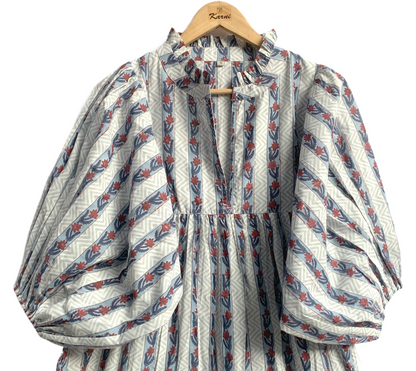 Blue Red Striped Hand Block Printed Cotton Midi Dress – Puff Sleeve Boho Indian Dress