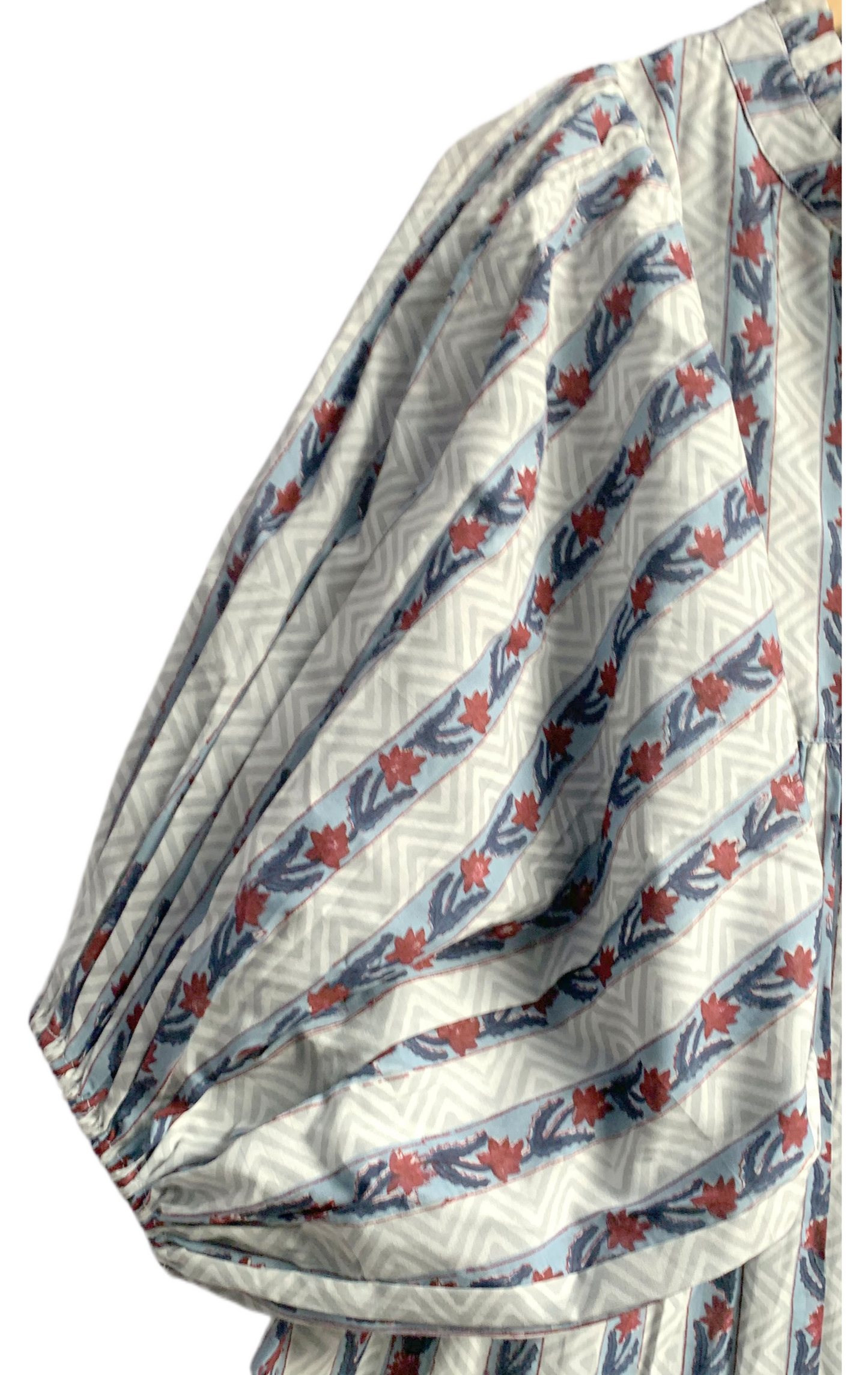 Blue Red Striped Hand Block Printed Cotton Midi Dress – Puff Sleeve Boho Indian Dress