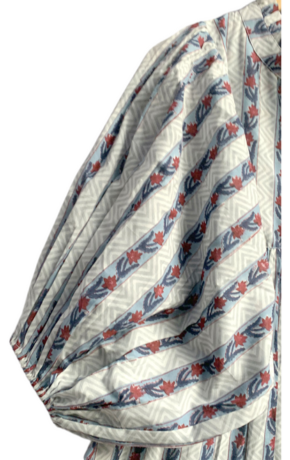 Blue Red Striped Hand Block Printed Cotton Midi Dress – Puff Sleeve Boho Indian Dress