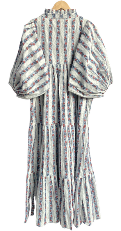 Blue Red Striped Hand Block Printed Cotton Midi Dress – Puff Sleeve Boho Indian Dress