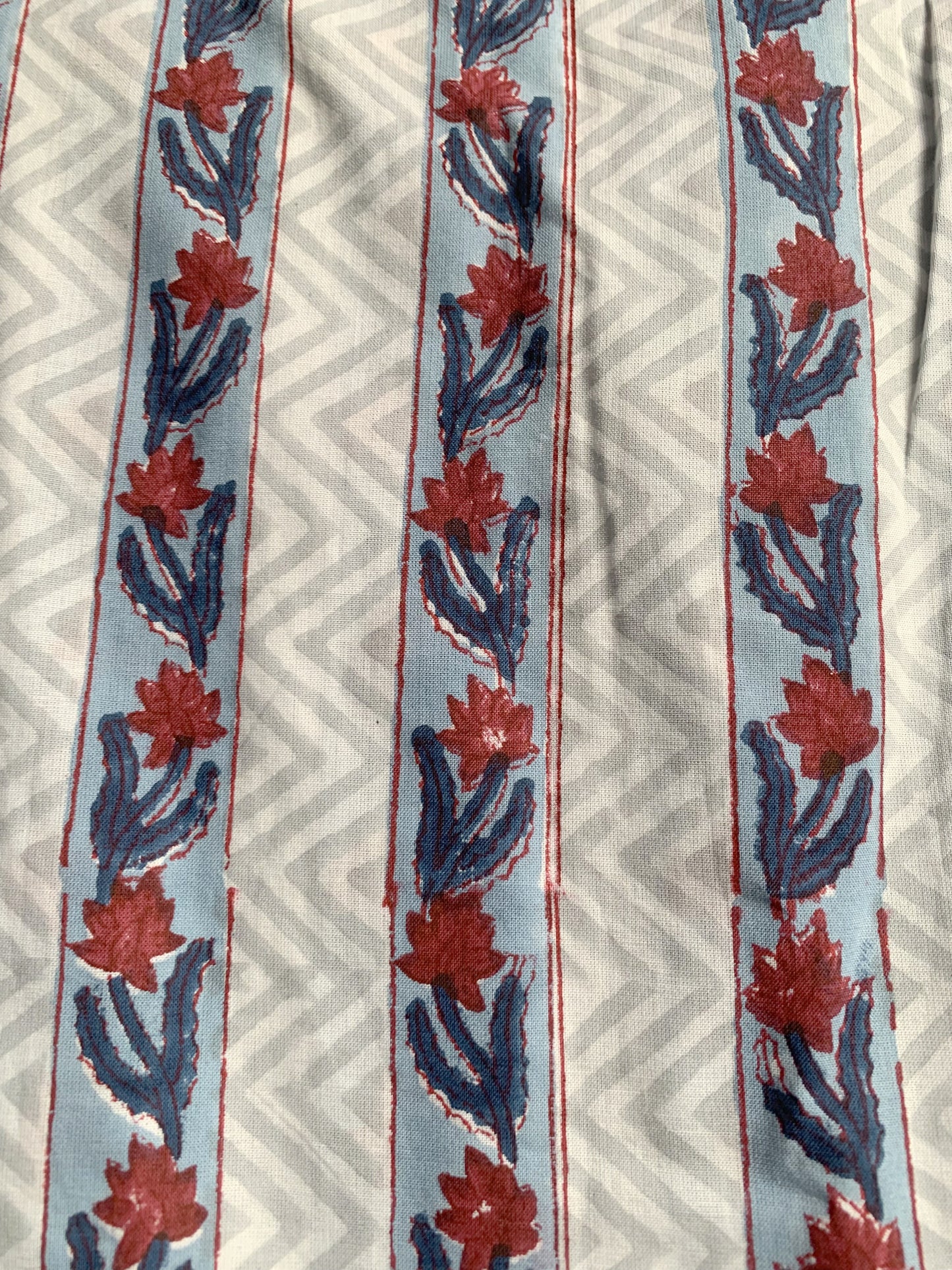 Blue Red Striped Hand Block Printed Cotton Midi Dress – Puff Sleeve Boho Indian Dress