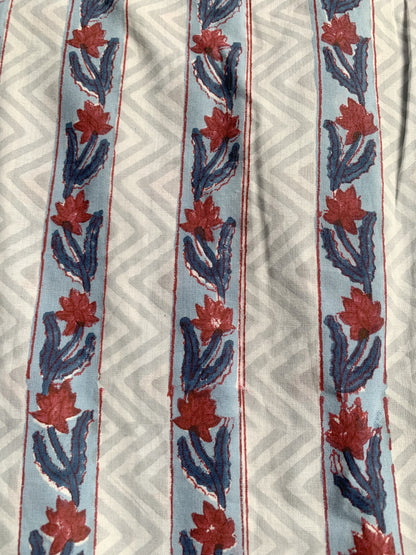 Blue Red Striped Hand Block Printed Cotton Midi Dress – Puff Sleeve Boho Indian Dress