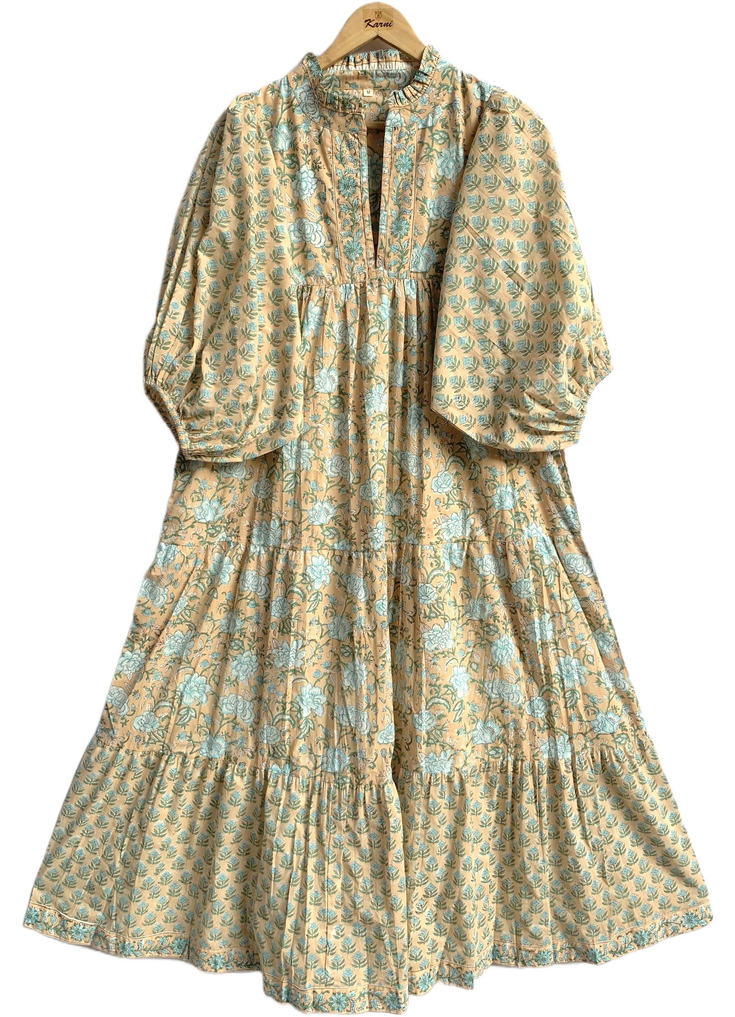 Beige Blue Floral Hand Block Printed Cotton Midi Dress – Puff Sleeve Boho Indian Dress