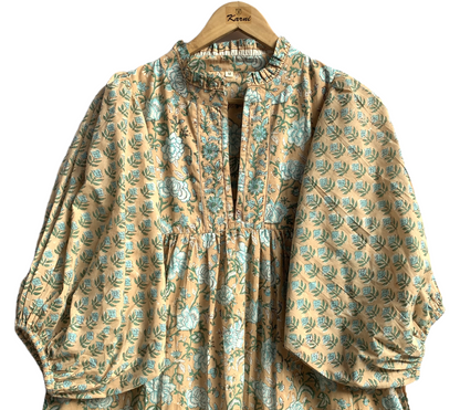 Beige Blue Floral Hand Block Printed Cotton Midi Dress – Puff Sleeve Boho Indian Dress