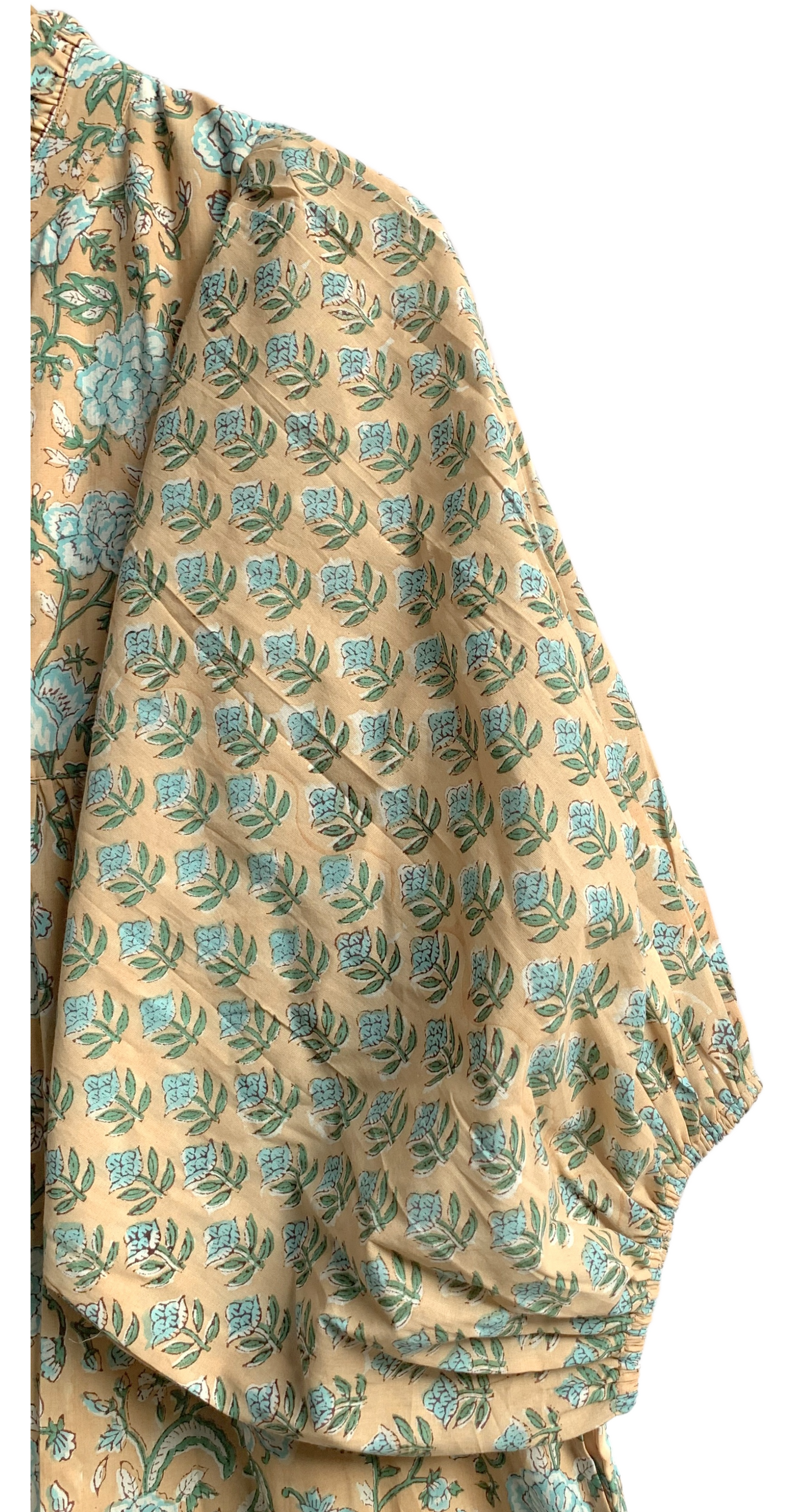 Beige Blue Floral Hand Block Printed Cotton Midi Dress – Puff Sleeve Boho Indian Dress