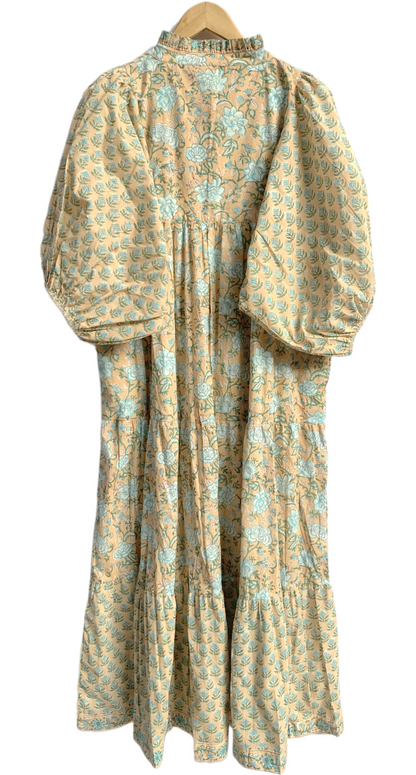 Beige Blue Floral Hand Block Printed Cotton Midi Dress – Puff Sleeve Boho Indian Dress