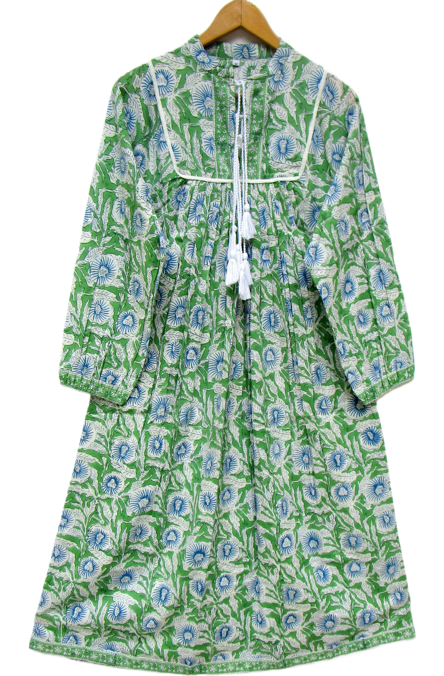 Green Floral Hand Block Printed Cotton Maxi Dress – Boho Tassel Tunic Dress