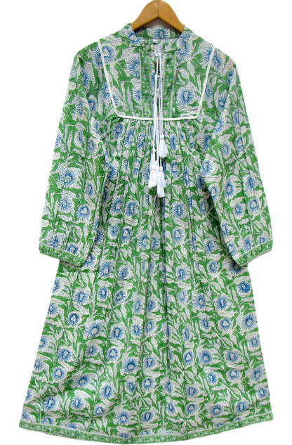 Green Floral Hand Block Printed Cotton Maxi Dress – Boho Tassel Tunic Dress