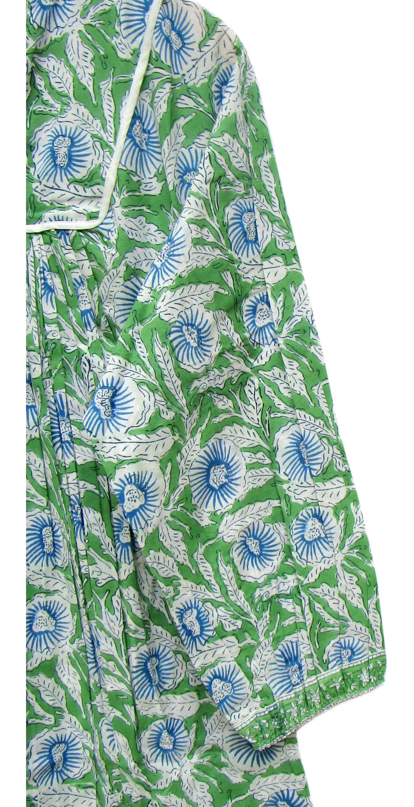 Green Floral Hand Block Printed Cotton Maxi Dress – Boho Tassel Tunic Dress