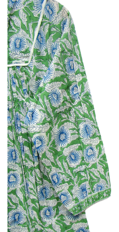 Green Floral Hand Block Printed Cotton Maxi Dress – Boho Tassel Tunic Dress
