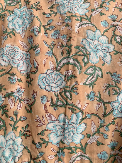 Beige Blue Floral Hand Block Printed Cotton Midi Dress – Puff Sleeve Boho Indian Dress