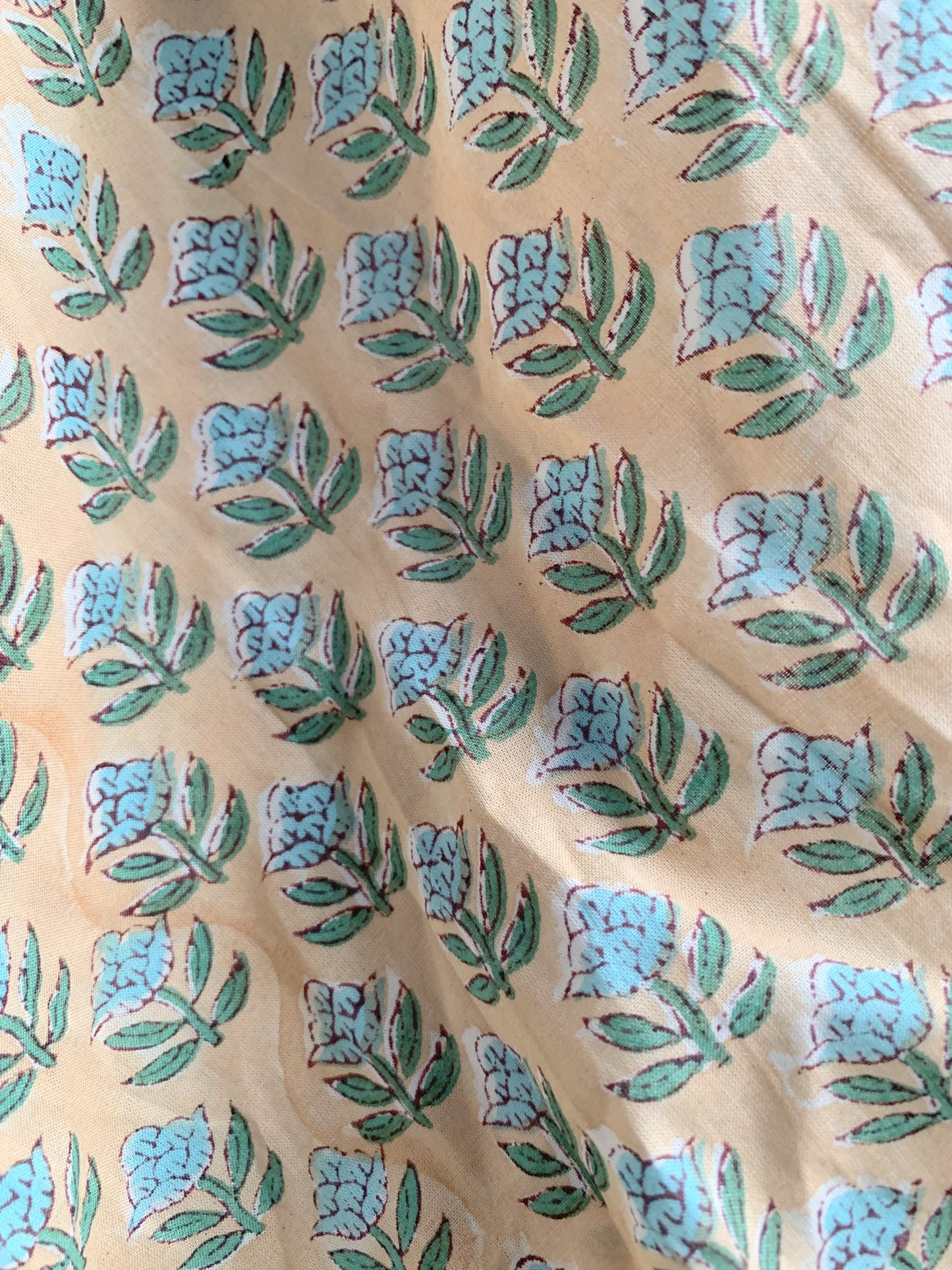 Beige Blue Floral Hand Block Printed Cotton Midi Dress – Puff Sleeve Boho Indian Dress