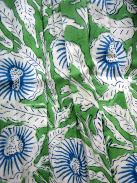 Green Floral Hand Block Printed Cotton Maxi Dress – Boho Tassel Tunic Dress