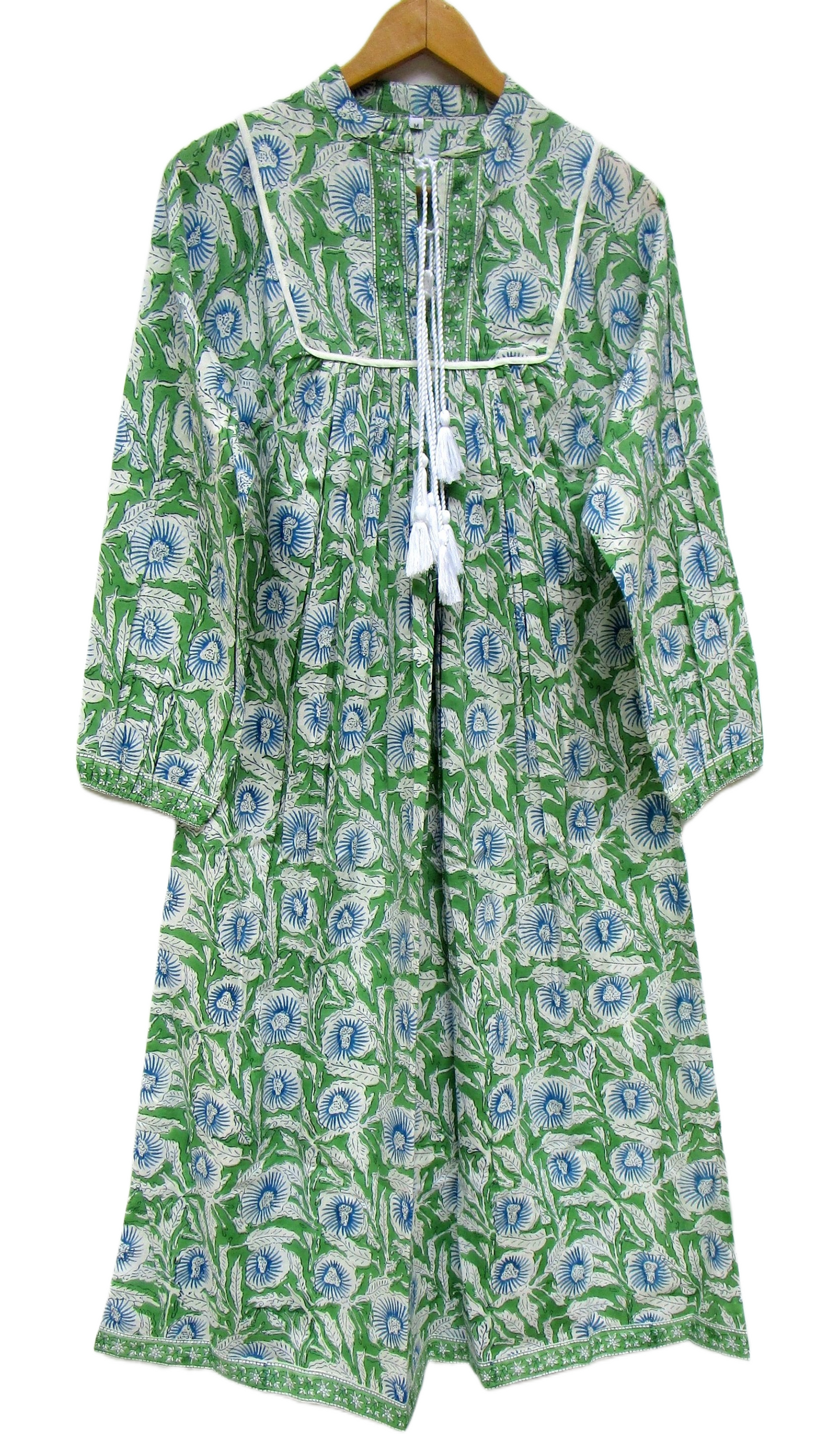 Green Floral Hand Block Printed Cotton Maxi Dress – Boho Tassel Tunic Dress