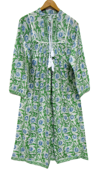 Green Floral Hand Block Printed Cotton Maxi Dress – Boho Tassel Tunic Dress