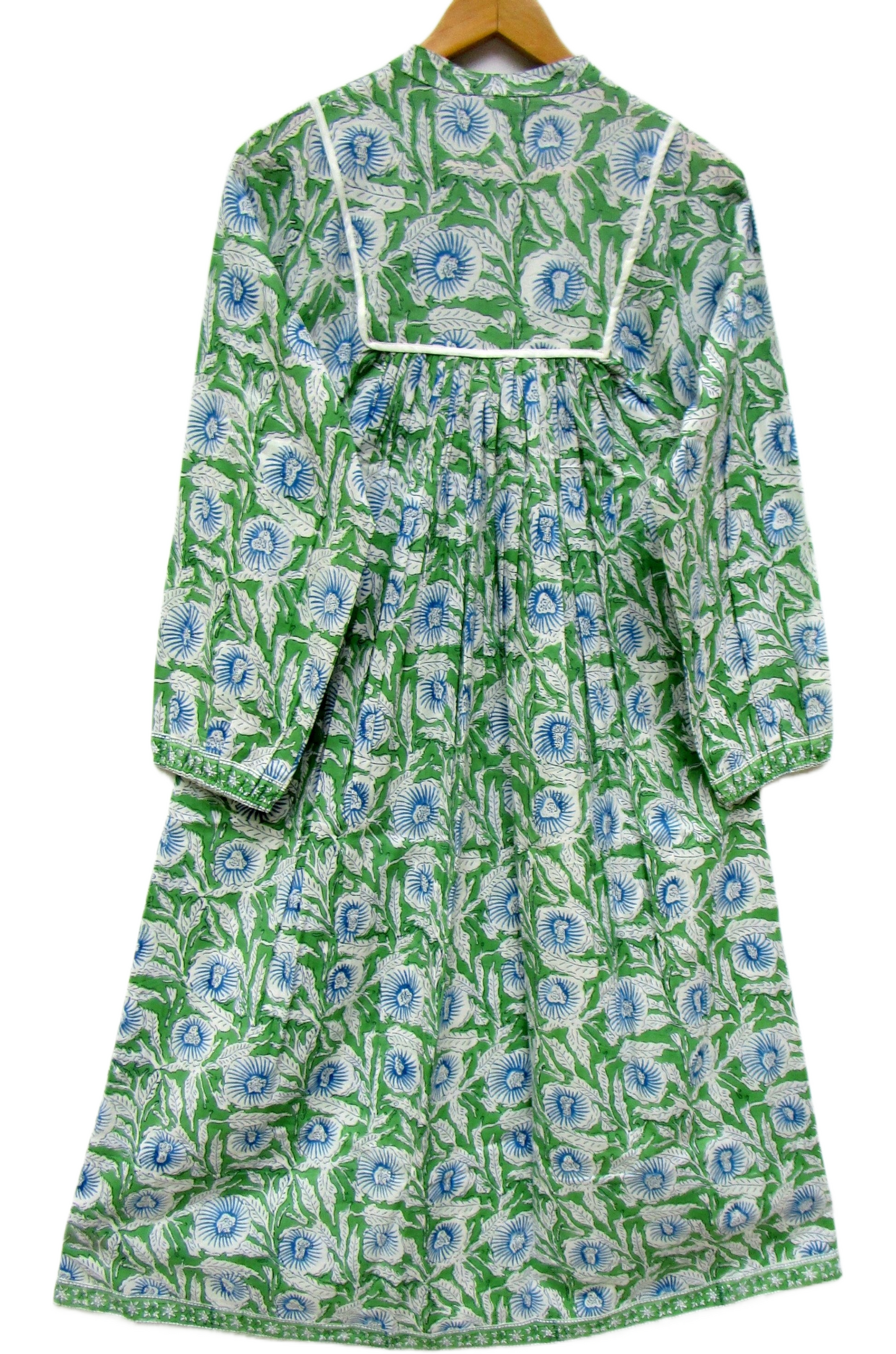 Green Floral Hand Block Printed Cotton Maxi Dress – Boho Tassel Tunic Dress