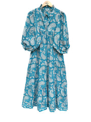 blue paisley screen printed bohemian maxi gown