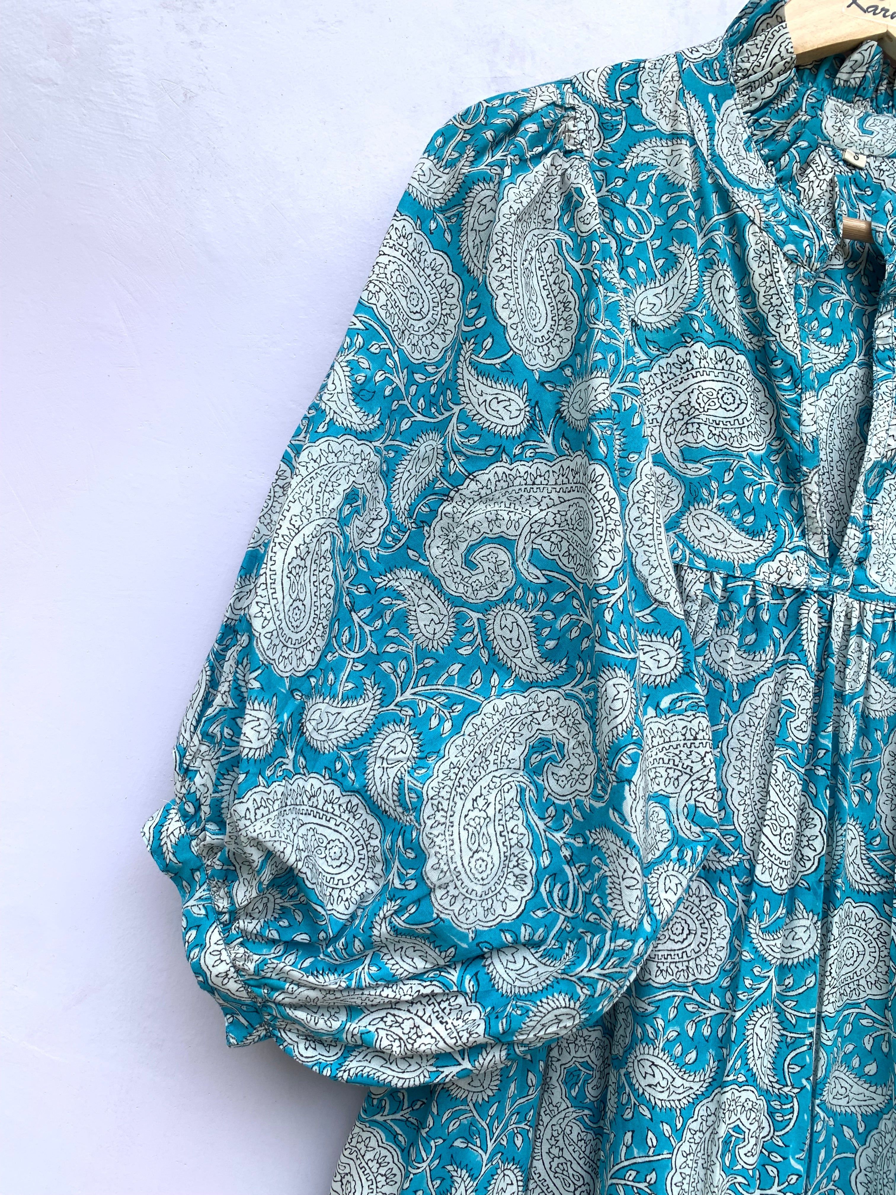 blue paisley screen printed bohemian maxi gown