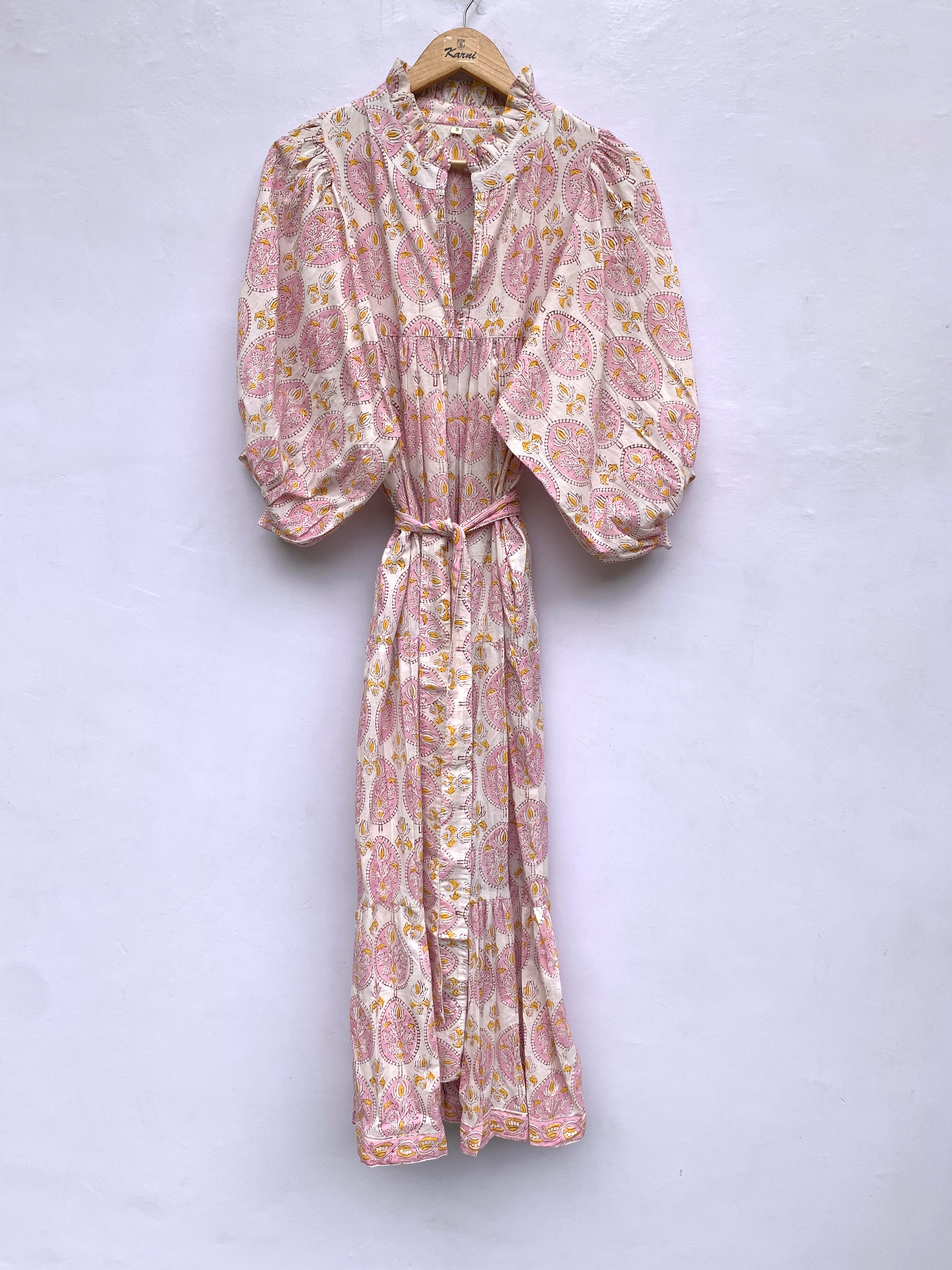 baby pink geometrical floral block printed maxi