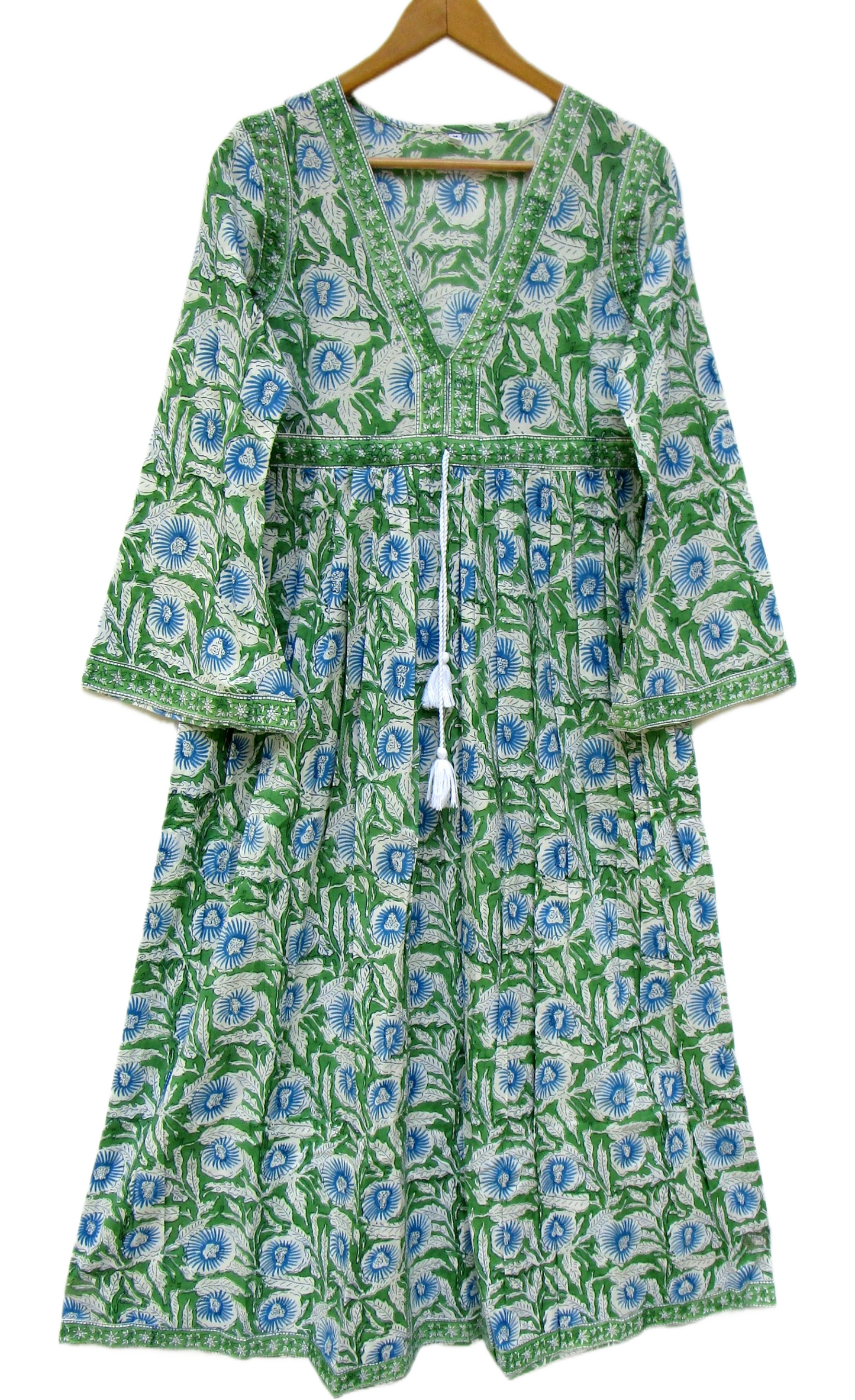 Green Floral Hand Block Printed Cotton Maxi Dress – Boho V-Neck Tassel Dress
