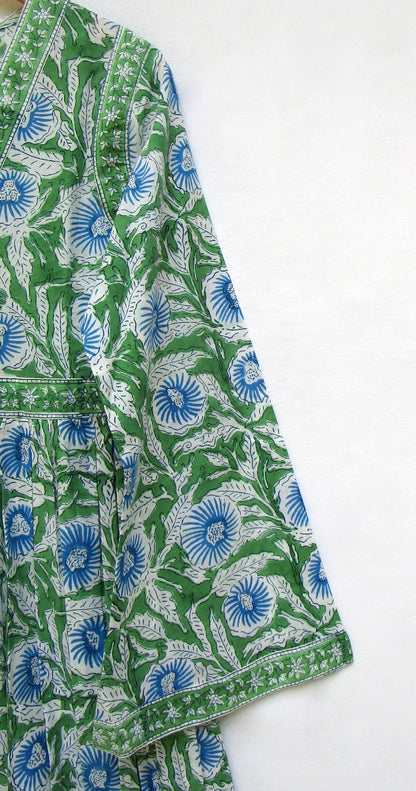 Green Floral Hand Block Printed Cotton Maxi Dress – Boho V-Neck Tassel Dress