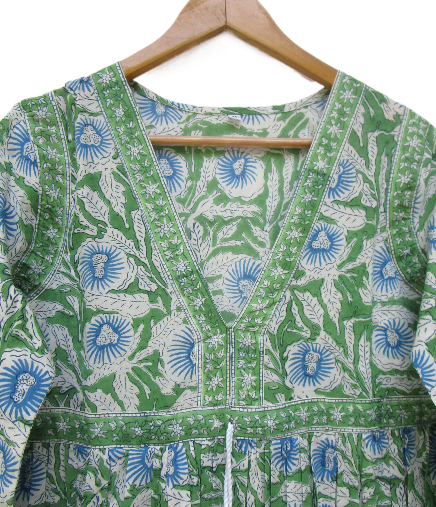 Green Floral Hand Block Printed Cotton Maxi Dress – Boho V-Neck Tassel Dress
