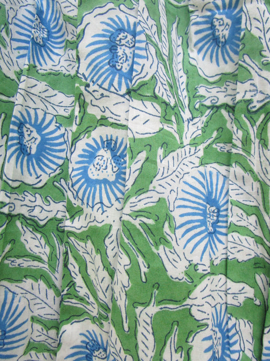 Green Floral Hand Block Printed Cotton Maxi Dress – Boho V-Neck Tassel Dress