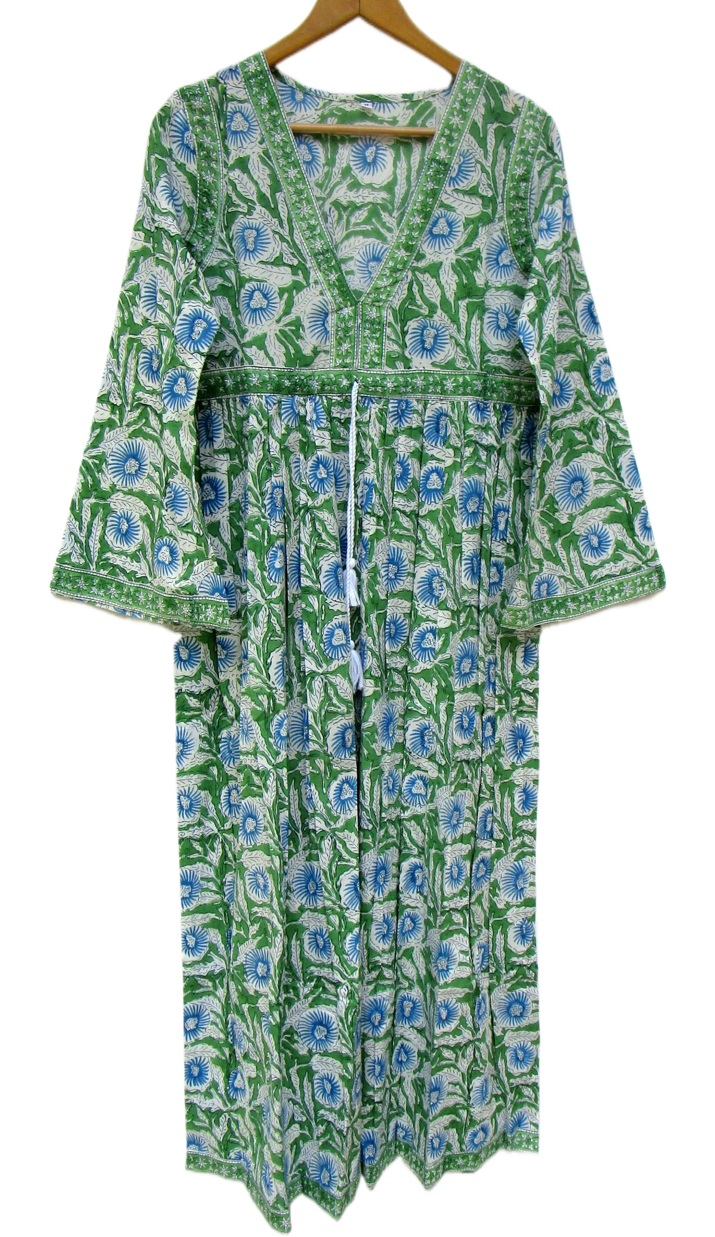 Green Floral Hand Block Printed Cotton Maxi Dress – Boho V-Neck Tassel Dress