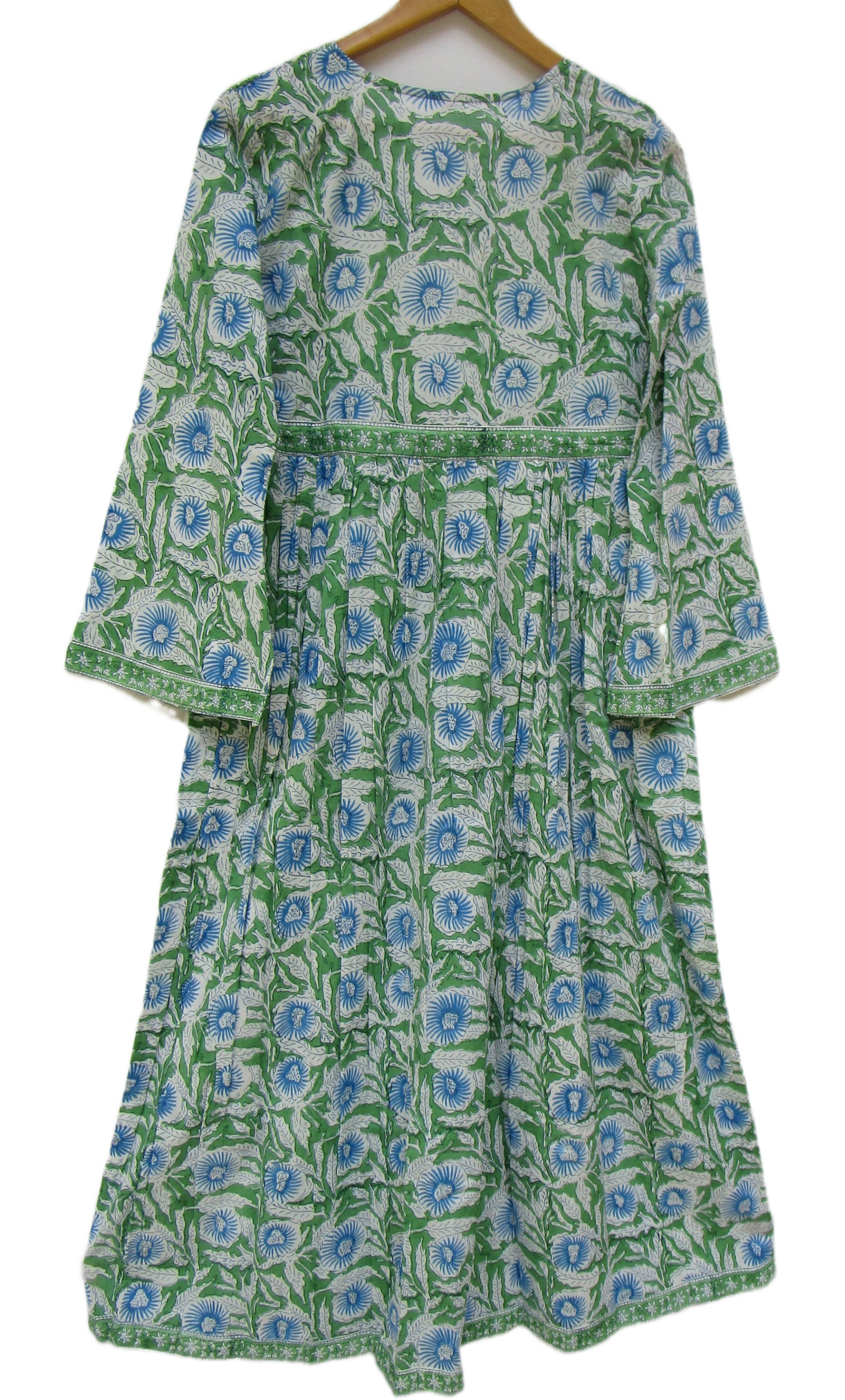 Green Floral Hand Block Printed Cotton Maxi Dress – Boho V-Neck Tassel Dress