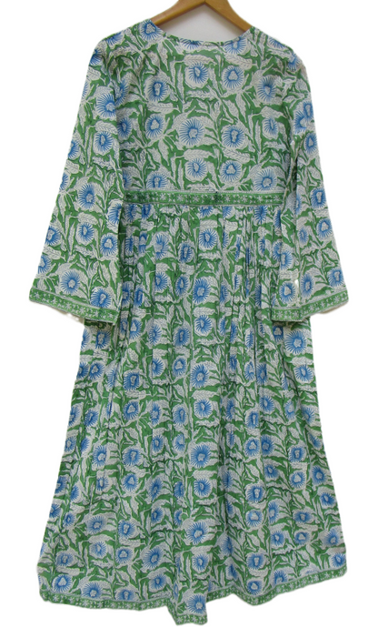 Green Floral Hand Block Printed Cotton Maxi Dress – Boho V-Neck Tassel Dress