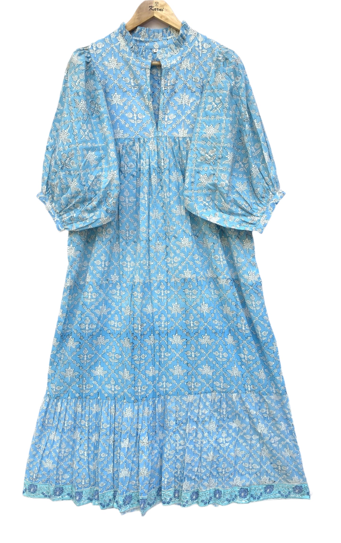 summer cotton blue floral pattern block printed women's maxi dress