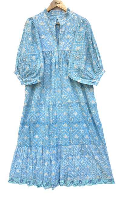 summer cotton blue floral pattern block printed women's maxi dress