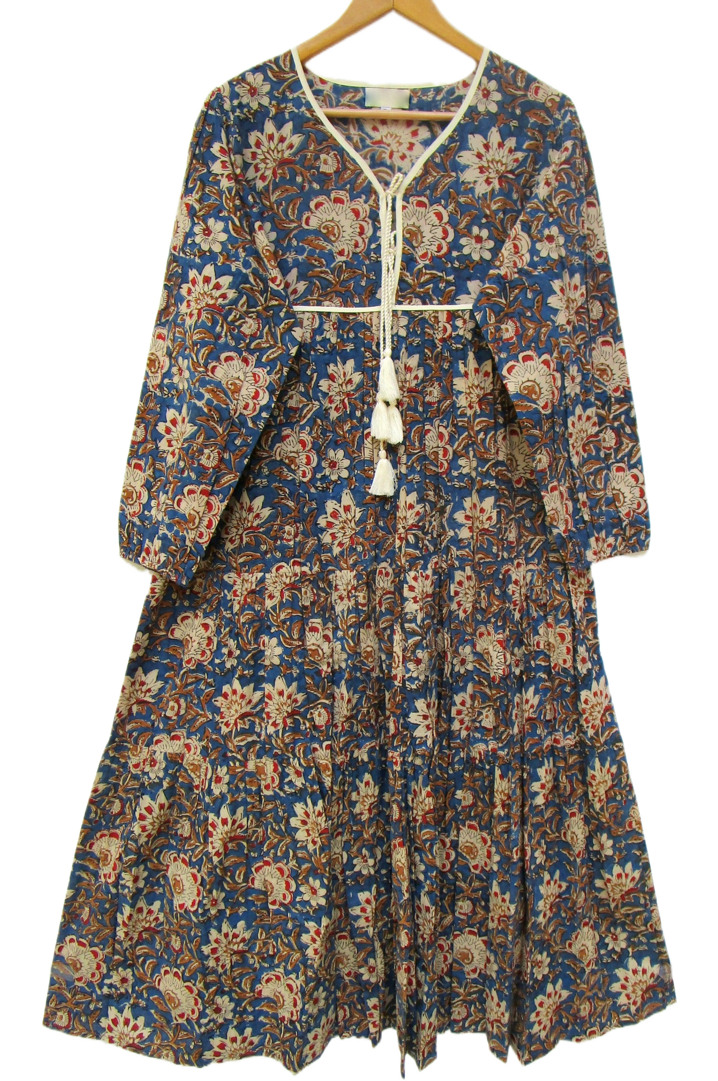 Indigo Blue Bagru Hand Block Print Cotton Dress – Boho Tassel Tie Tiered Maxi Dress