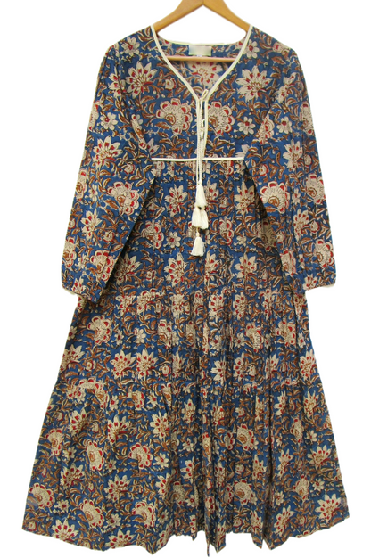 Indigo Blue Bagru Hand Block Print Cotton Dress – Boho Tassel Tie Tiered Maxi Dress