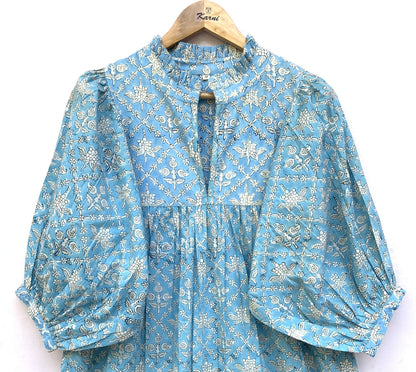 summer cotton blue floral pattern block printed women's maxi dress