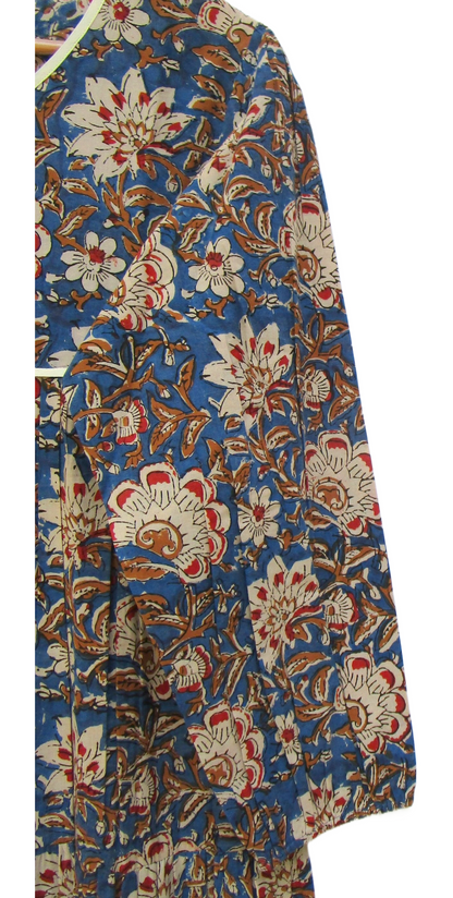 Indigo Blue Bagru Hand Block Print Cotton Dress – Boho Tassel Tie Tiered Maxi Dress