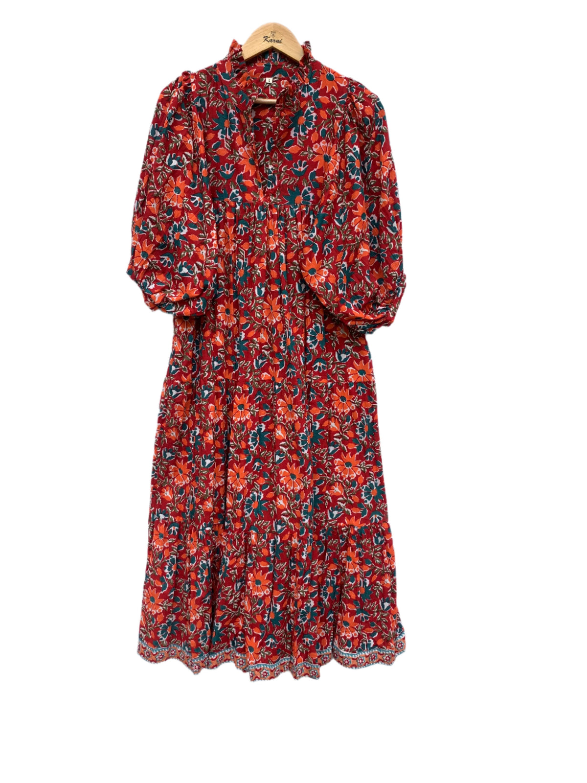 deep red orange floral block printed maxi dress