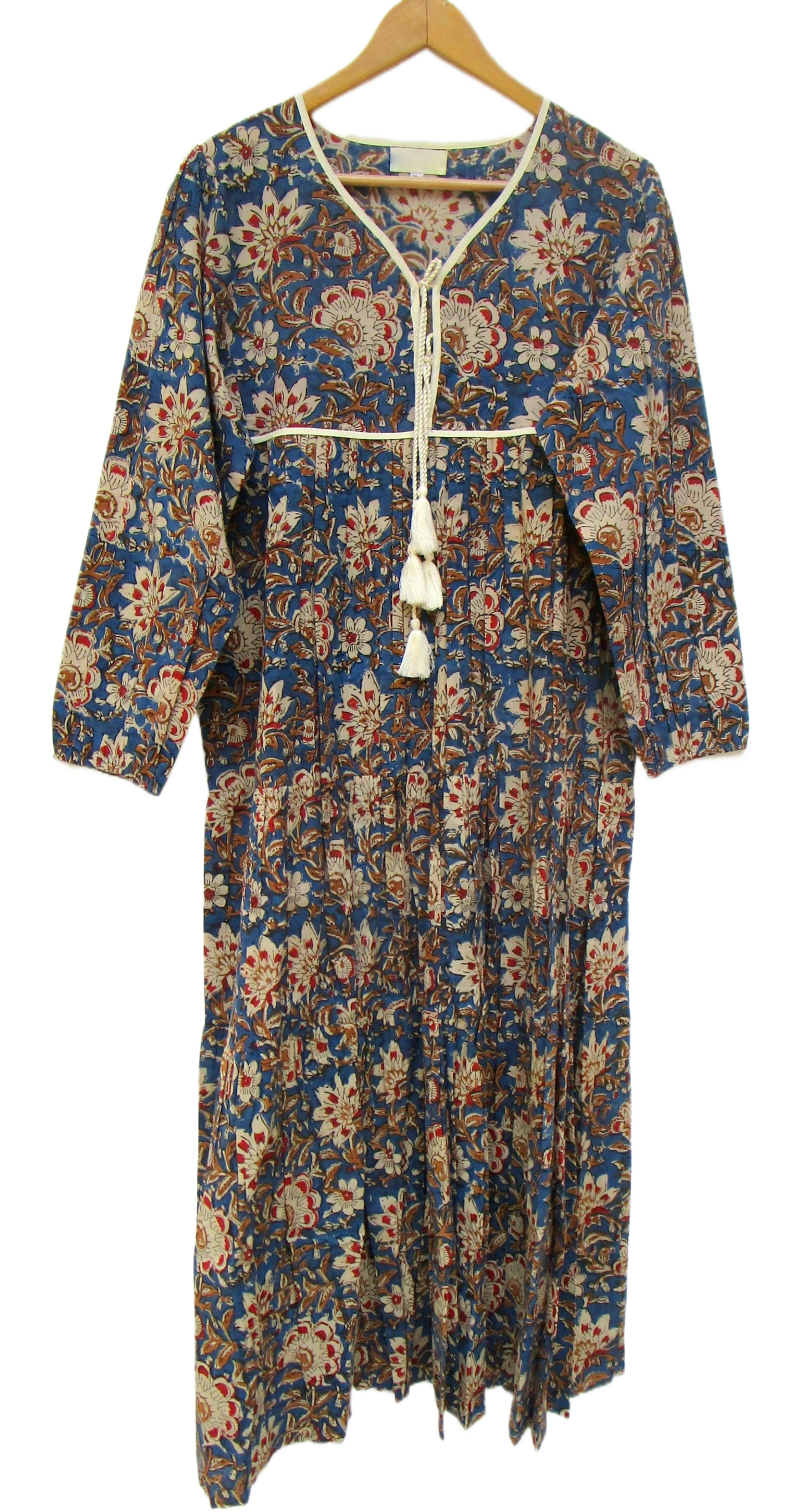 Indigo Blue Bagru Hand Block Print Cotton Dress – Boho Tassel Tie Tiered Maxi Dress