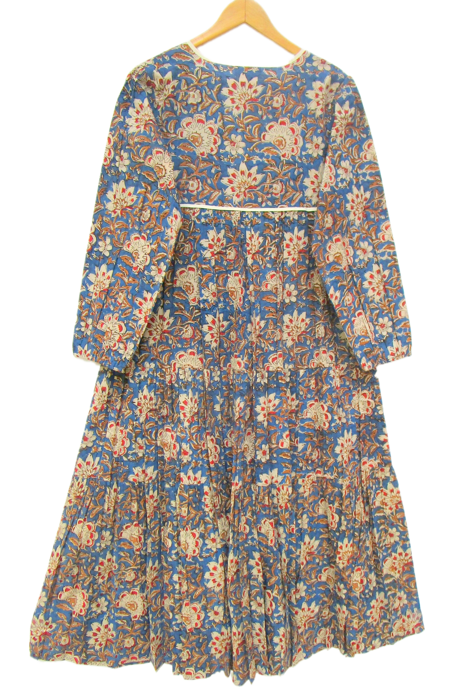Indigo Blue Bagru Hand Block Print Cotton Dress – Boho Tassel Tie Tiered Maxi Dress