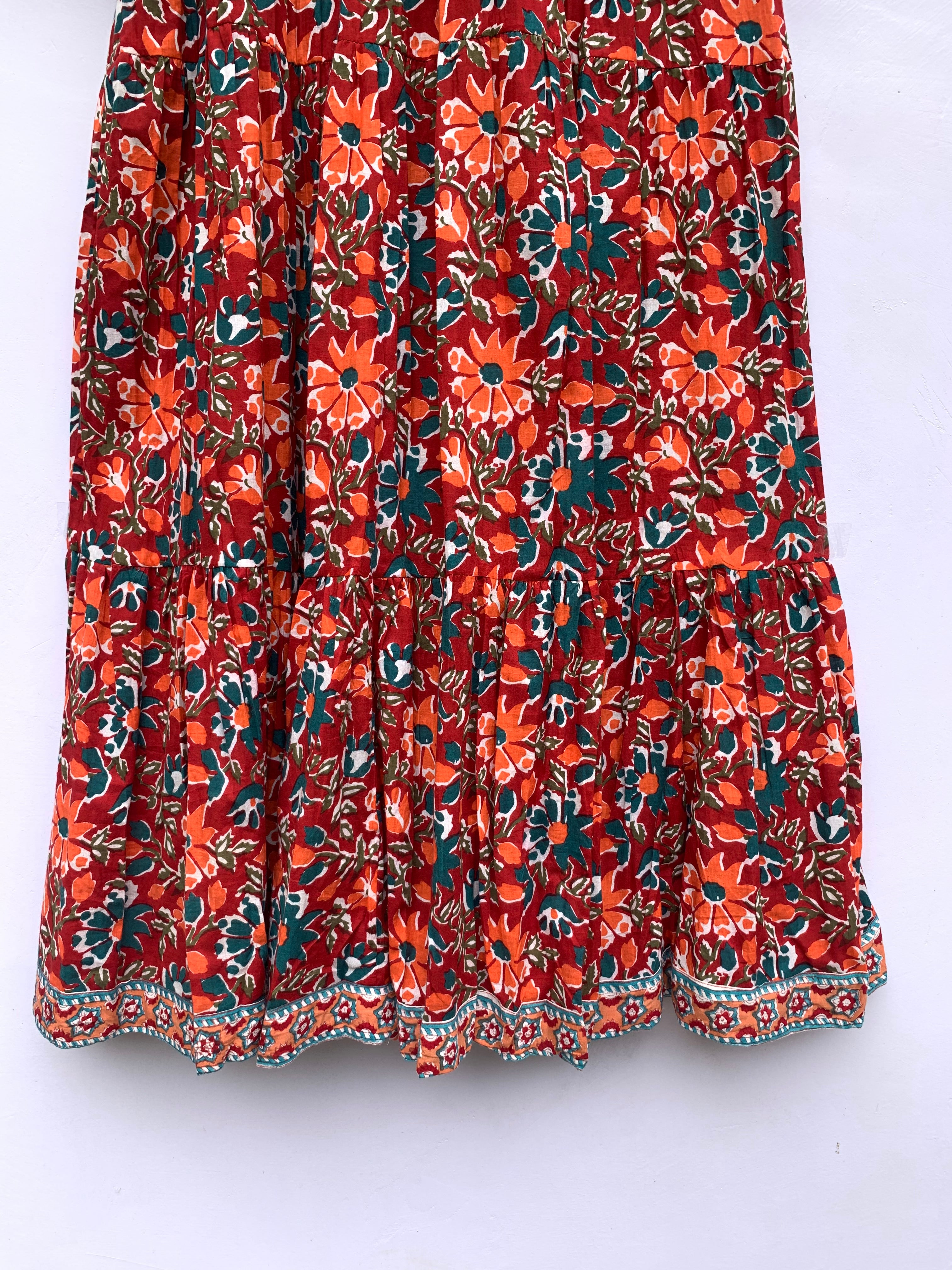 deep red orange floral block printed maxi dress