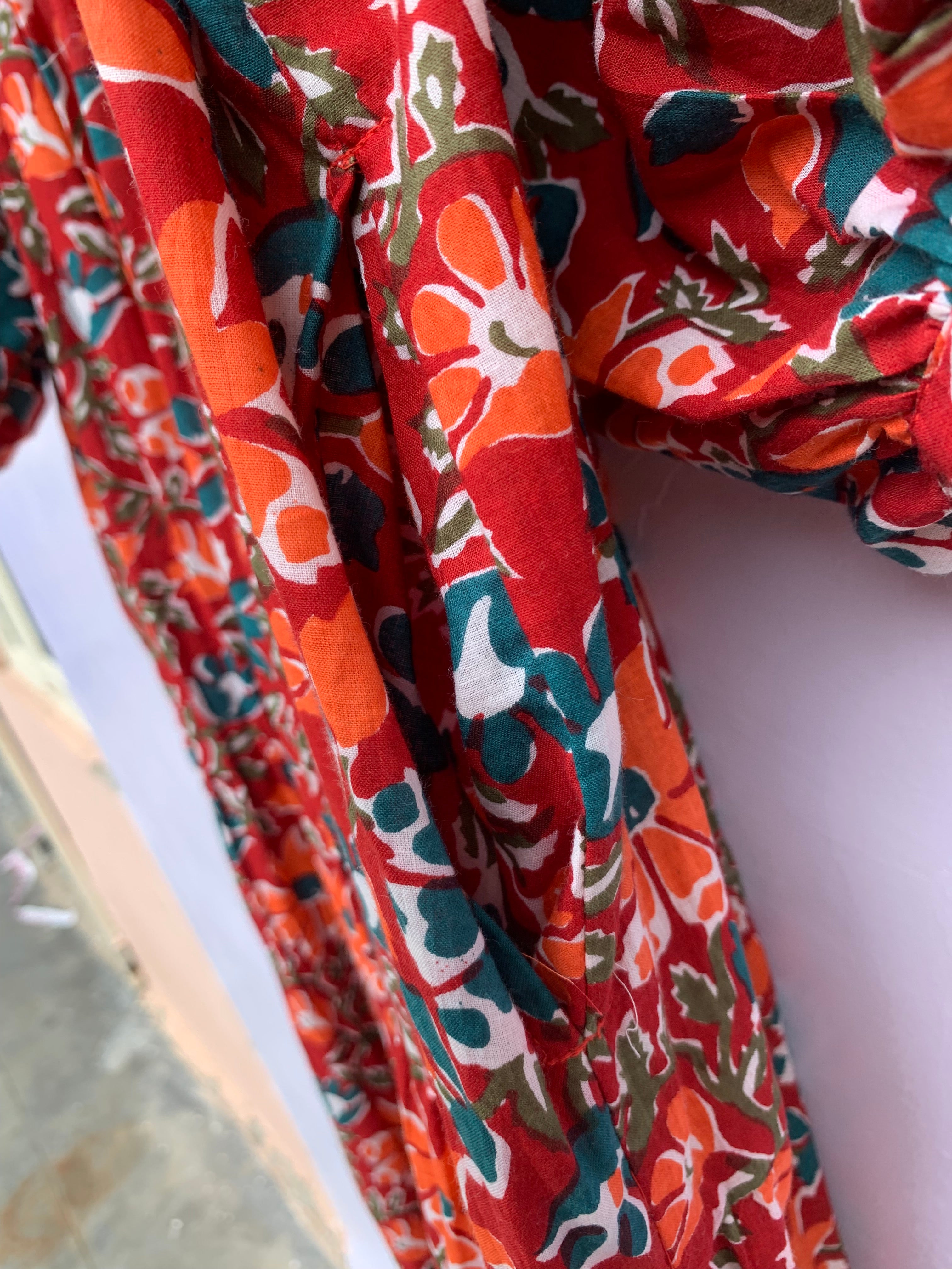 deep red orange floral block printed maxi dress