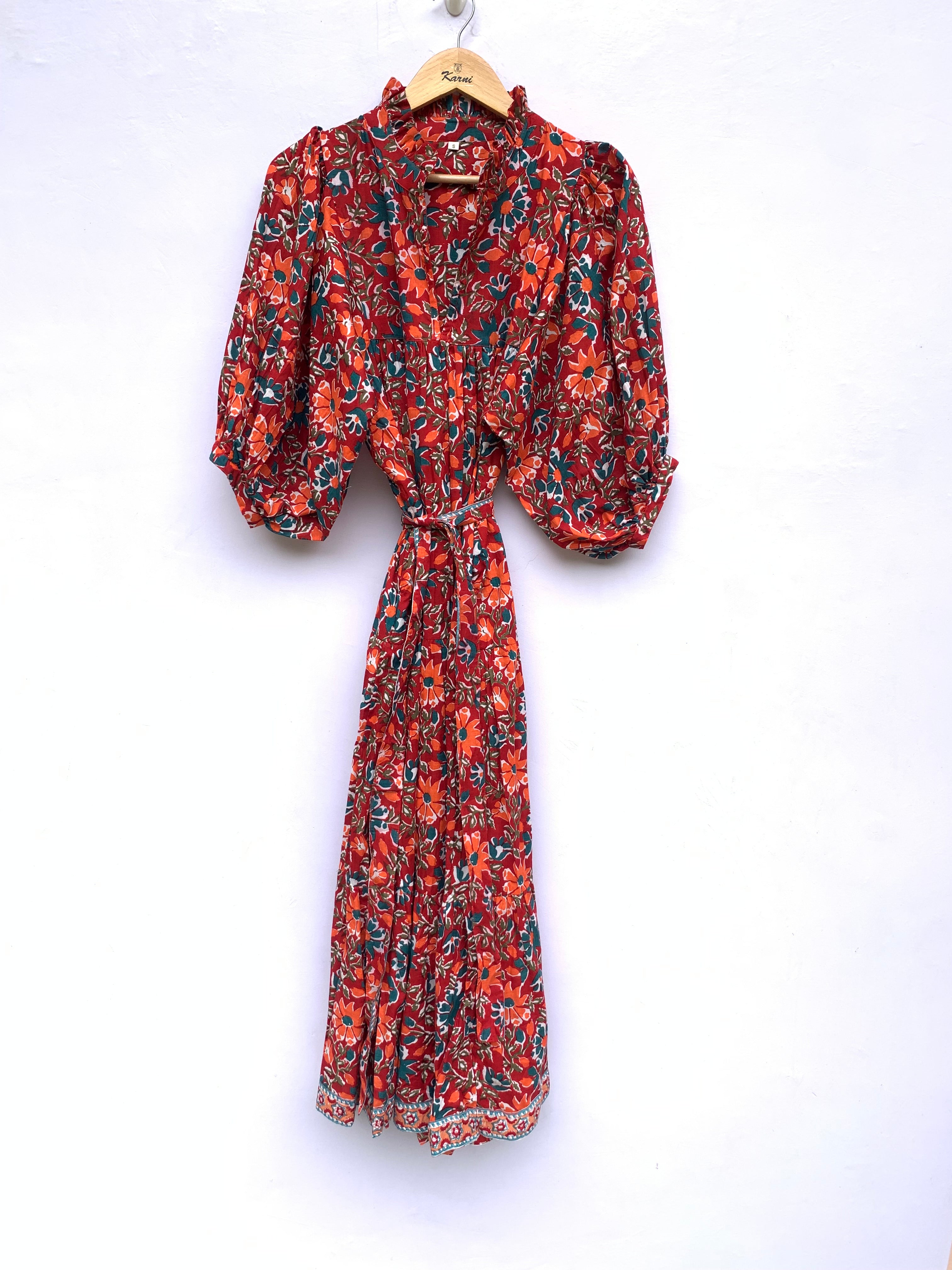 deep red orange floral block printed maxi dress