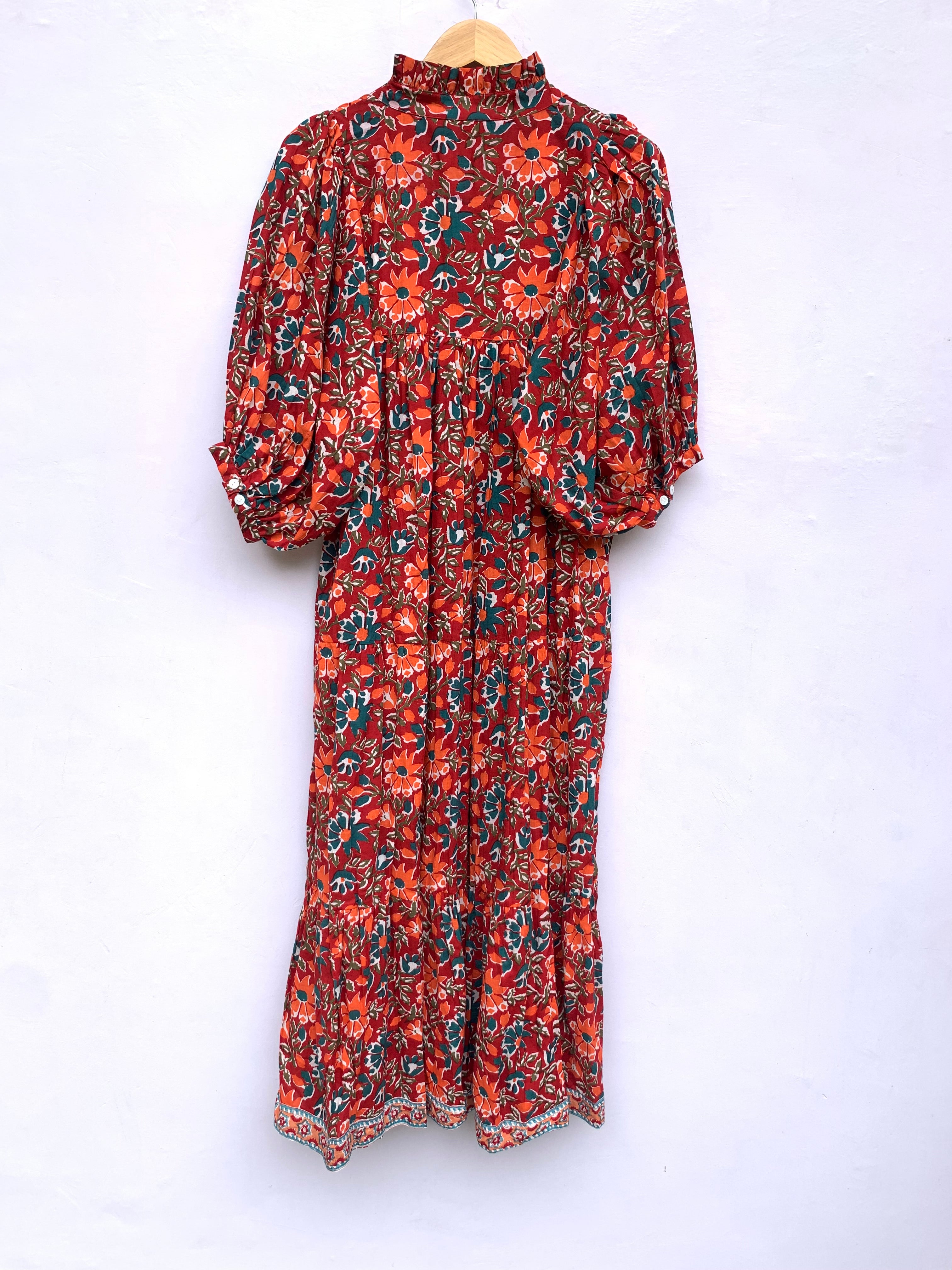 deep red orange floral block printed maxi dress