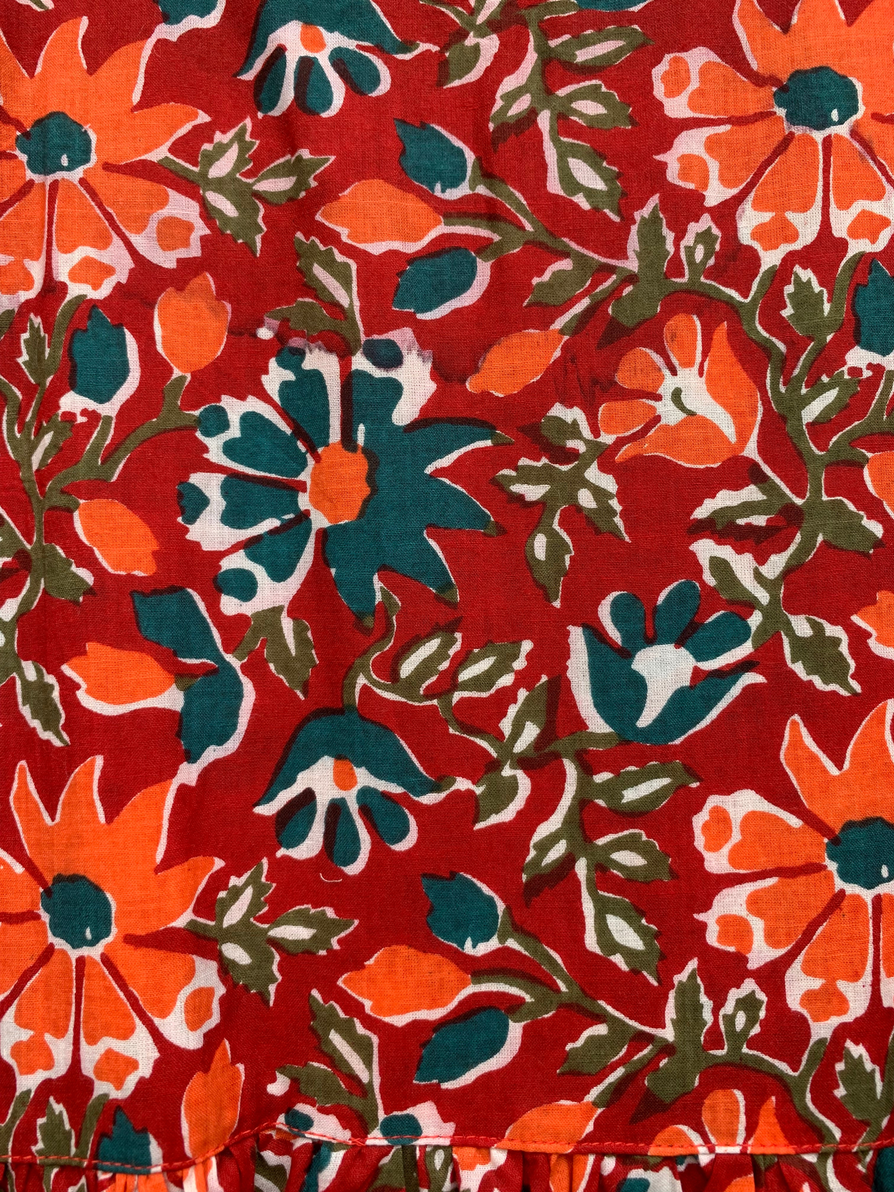 deep red orange floral block printed maxi dress